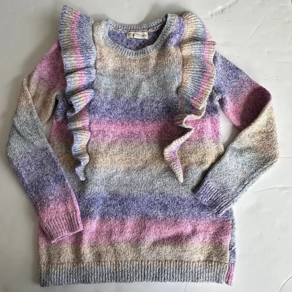 Tucker + Tate Rainbow Stripe Ruffle Shoulder Sweater - Size 6